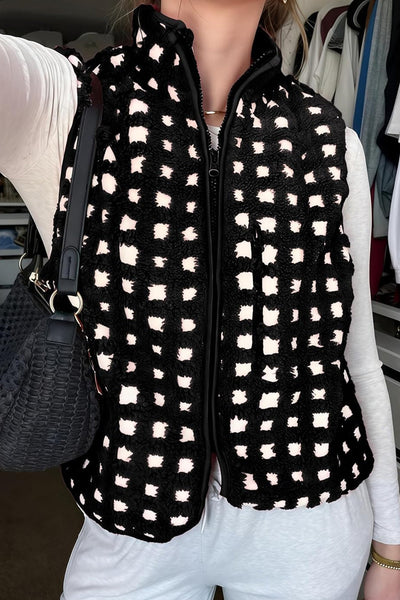 Cozy Women's Black Checkered Plush Winter Vest with Zip-Up Closure for Stylish Layering and Warmth