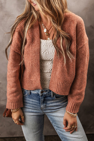 Chic Women's Light Beige Cropped Cardigan with Drop Shoulders - Effortless Open Front Layer for Stylish Outfits