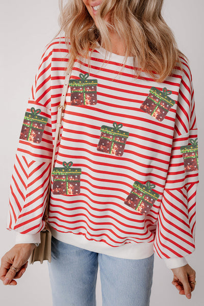 Women's Sequin Gift Box Striped Holiday Sweatshirt