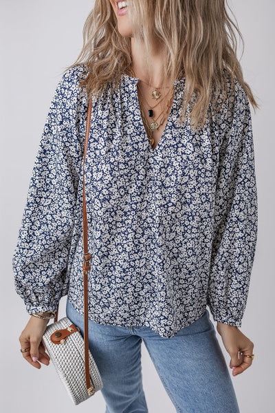 stylish women's blue floral puff sleeve blouse with notched v-neck - comfortable summer top for effortless chic made for easy styling and wardrobe