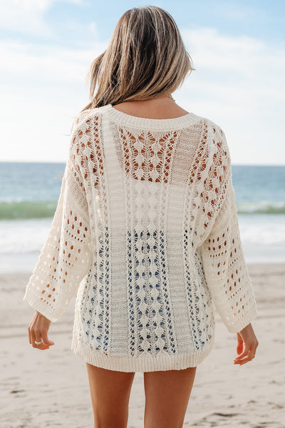 Women's Ivory Pointelle Knit Sweater with Bracelet Sleeves
