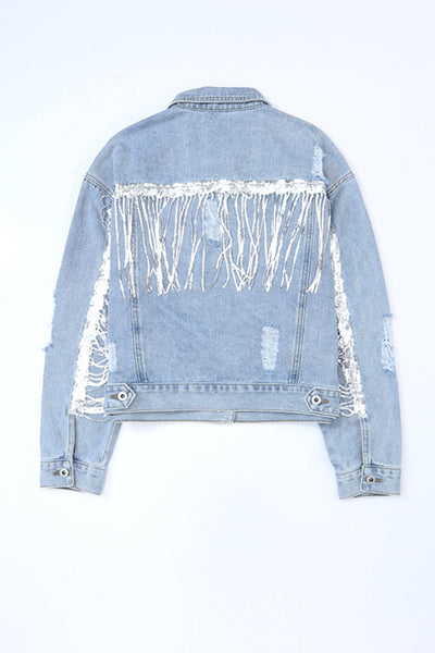 Women's Sky Blue Sequin Fringe Distressed Denim Jacket