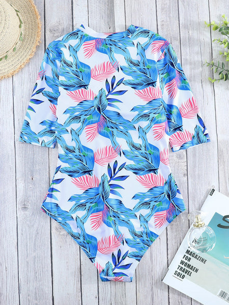 Women's Floral Print Zip Front Half Sleeve Beach One Piece Swimsuit