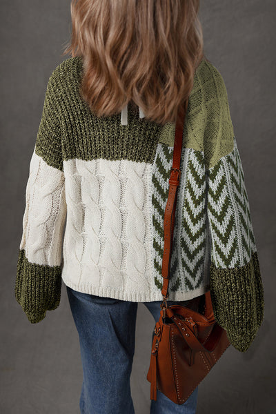 Cozy Women's Green Color Block Patchwork Sweater with Knotted Back - Relaxed Fit for Effortless Style