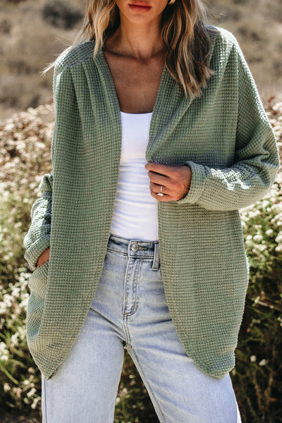 Cozy Women's Laurel Green Waffle Knit Open Front Cardigan for Stylish Layering and Comfort in Every Season