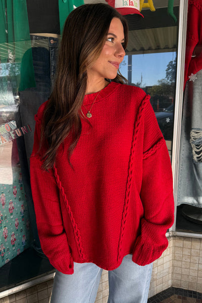 Women's Cozy Racing Red Braided Accent Sweater - Relaxed Fit for Festive Holiday Style and Seasonal Comfort