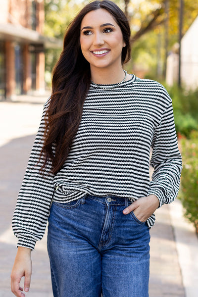 Stylish Women's Black Stripe Long Sleeve Top - Casual Round Neck, Drop Shoulder Design for Effortless Everyday Looks