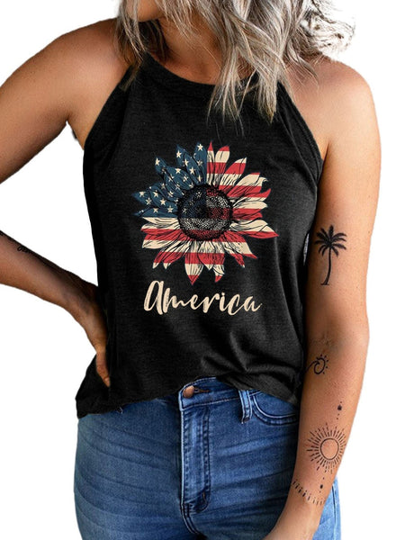Sunflower Graphic Black Tank Top with American Flag Design