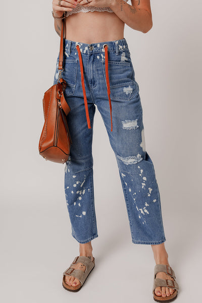Women's Ashleigh Blue Ripped Cropped Straight Jeans with Splatter Paint and Rope Waist for a Trendy Casual Look