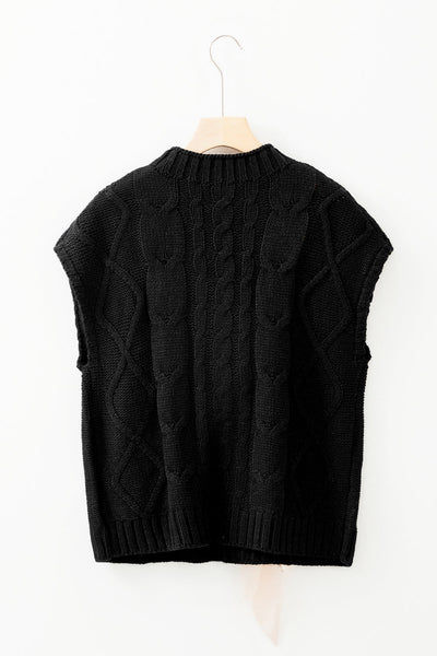 Chic Women's Black Cable Knit Colorblock Sweater with Satin Bow - Short Sleeve Casual Top for Stylish Everyday Looks