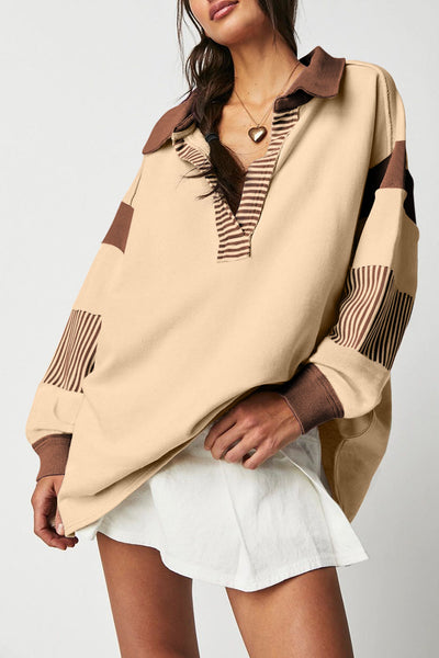 Trendy Women's Light Beige Striped Colorblock Sweatshirt with Stylish Collar Comfortable Fit for Casual Outings