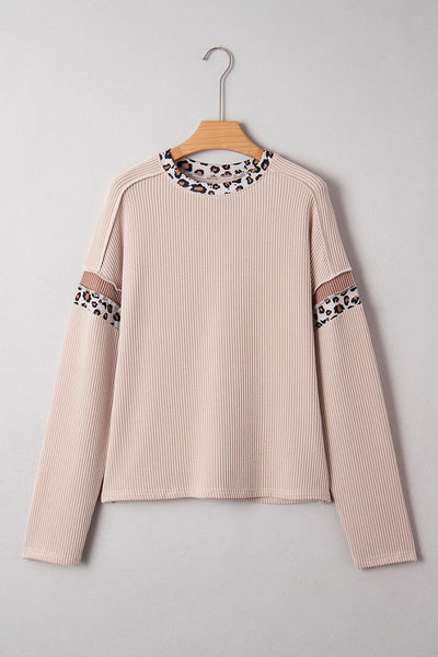 Chic Women‚Äôs Beige Ribbed Leopard Color Block Long Sleeve Top with Drop Shoulder for Trendy Casual Style