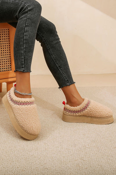 Cozy Women's Oatmeal Sherpa Snow Boots with Embroidery and Thick Sole for Stylish Winter Comfort