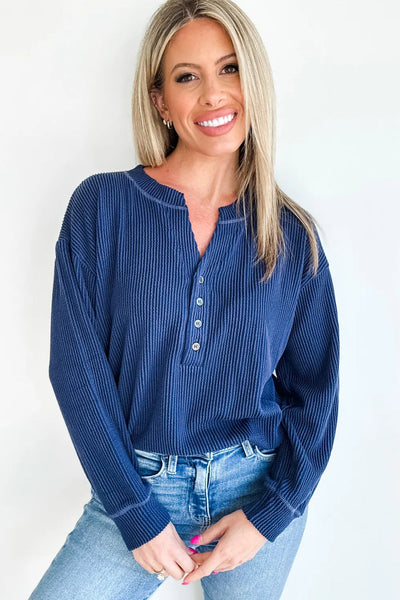 Women's Relaxed Fit Navy Blue Twisted Ribbed Long Sleeve Top with Half Button for Effortless Casual Style
