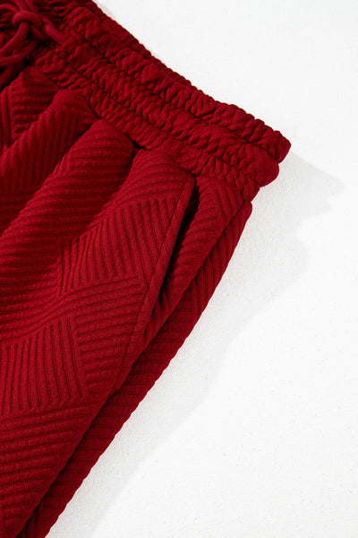 Women's Red Dahlia Textured Lounge Set: Loose Fit T-Shirt & Cozy Drawstring Pants for Casual Comfort
