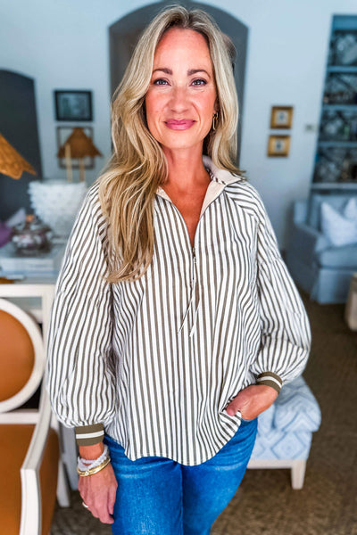 Chic Women's Khaki Striped Puff Sleeve Blouse with Tie & Contrast Trim - Stylish Fit for Effortless Elegance