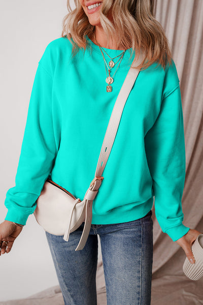 Cozy Women's Aruba Blue Fleece-Lined Drop Shoulder Sweatshirt - Stylish Terry Pullover for Casual Comfort