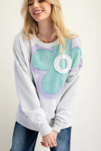Trendy Women's Light Grey Long Sleeve Top with Color Block & Floral Patch - Casual Chic Fit for Everyday Wear