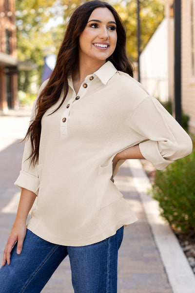 Women's Relaxed Fit Jet Stream Waffle Long Sleeve Collared Top - Versatile Casual Layering Piece for All Seasons