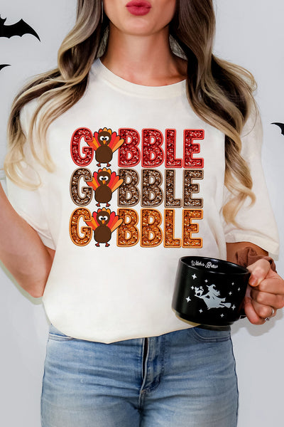 Women's Festive Turkey 'Gobble' Graphic Tee in White Cotton Blend