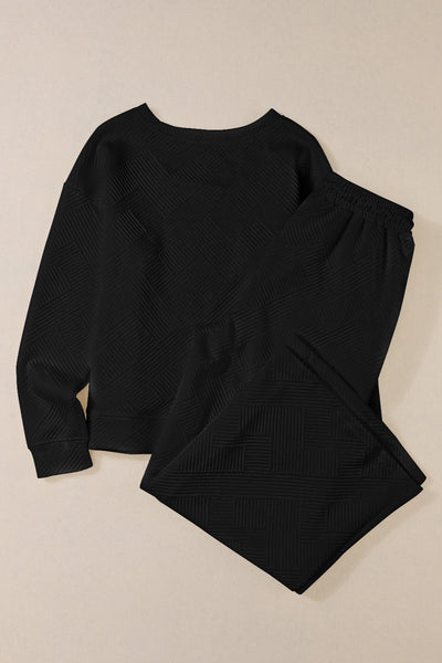 Women's Black Ultra Loose Textured 2-Piece Lounge Set - Cozy Slouchy Casual Outfit for Effortless Everyday Style