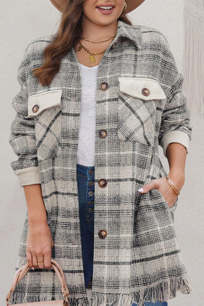 Women's Plus Size Plaid Tweed Shacket with Fringe Hem
