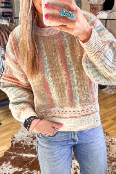 Trendy Women's Khaki Striped Puff Sleeve Sweater Chic Western Knit Top for Stylish Fall Wardrobe Essentials