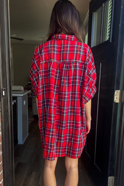 Women's Casual Red Plaid Mini Dress with Half Sleeves Effortless Summer Style for Trendy Comfort