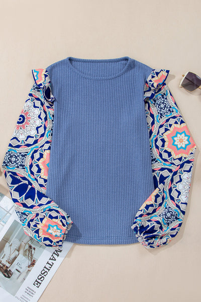 Women's Casual Chic Blue Floral Ruffled Sleeve Blouse - Stylish Patchwork Waffle Knit Top for Effortless Elegance