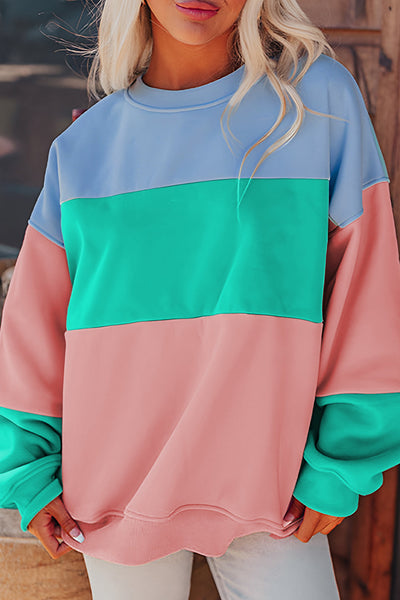 Trendy Women's Pastel Colorblock Sweatshirt - Relaxed Fit with Stylish Drop Shoulder and Blossom Patchwork Design