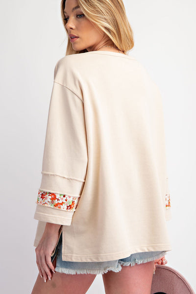 Women‚Äôs Beige Floral Graphic Blouse with Exposed Seams and Wide Sleeves - Perfect for Casual Chic Style