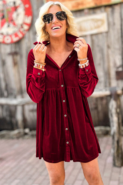 Chic Women's Fiery Red Velvet Long Sleeve Ruffle Dress - Stylish Button-Up Fit Perfect for Special Occasions