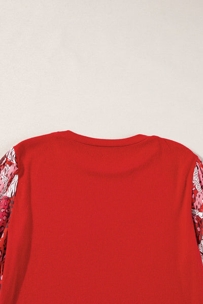 Women's Fiery Red Lantern Sleeve Top with Mixed Animal Print Trendy Patchwork Design for Stylish Casual Outfits