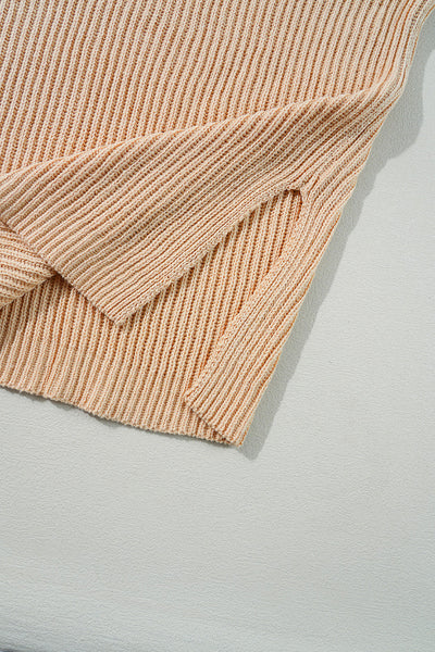 Cozy Women's Apricot Cable Knit Sweater with Drop Shoulders & Side Slits - Relaxed Fit for Effortless Fall Fashion