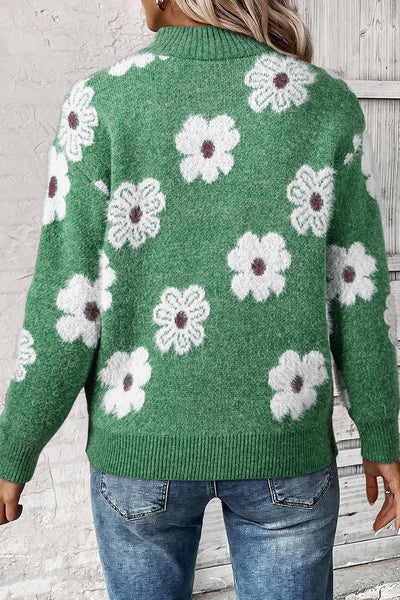 Trendy Women's Cozy Green Floral Half-Zip Sweater with Drop Shoulder Design - Ideal for Casual Outings