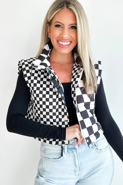 Women's Black Checkerboard Zip-Up Vest with Stand Collar and Snap Buttons  Stylish Layering Piece for All Seasons