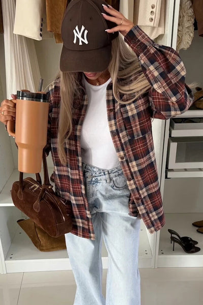 Cozy Mineral Red Plaid Boyfriend Shacket for Women Stylish Flannel Overshirt with Chest Pocket for Casual Layering
