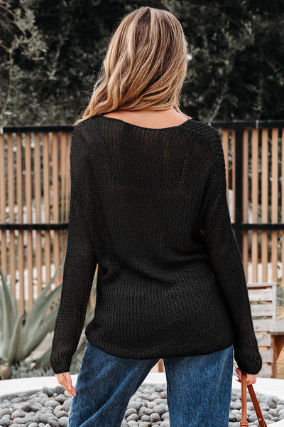 Cozy Women's Black Crochet Pullover Sweater - Stylish Openwork Knit for Effortless Chic Look and Comfort
