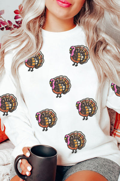 Women's Embellished Sequin Turkey Sweatshirt in White Cotton-Poly