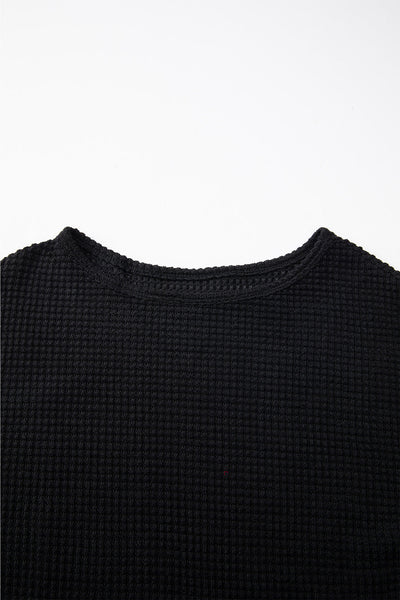 Cozy Women's Black Waffle Knit Long Sleeve Top with Drop Shoulders - Relaxed Casual Essential for Everyday Style