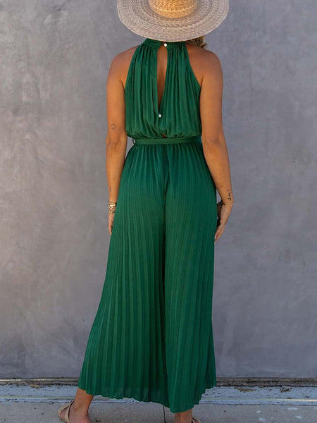 Solid Chic Sleeveless Slanted Shoulder Tie Waist Wide Leg Jumpsuit