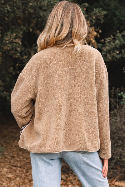 Women's Leopard Accent Camel Sherpa Jacket with Patch Pockets