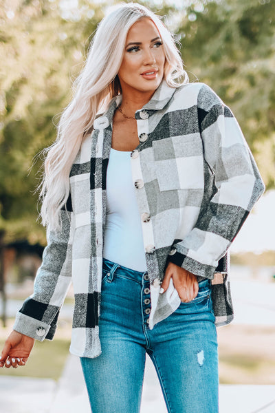 Stylish Women's Gray Plaid Color Block Long Sleeve Jacket with Pockets - Versatile Outerwear for Every Occasion