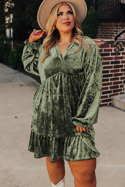 Chic Jungle Green Plus Size Velvet Puff Sleeve Babydoll Mini Dress for Women Stylish & Comfortable Party Outfit
