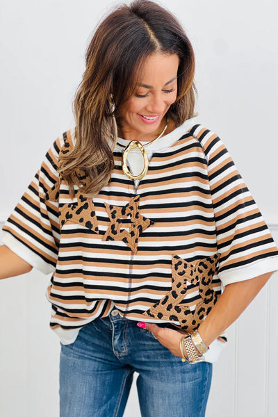 Trendy Women's Khaki Striped Casual Top with Star Patches & Exposed Seams - Half Sleeve, Perfect for Everyday Style