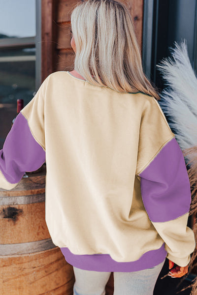 Cozy Women's Meadow Mauve Colorblock Sweatshirt - Stylish Drop Shoulder Design for Everyday Comfort and Casual Wear