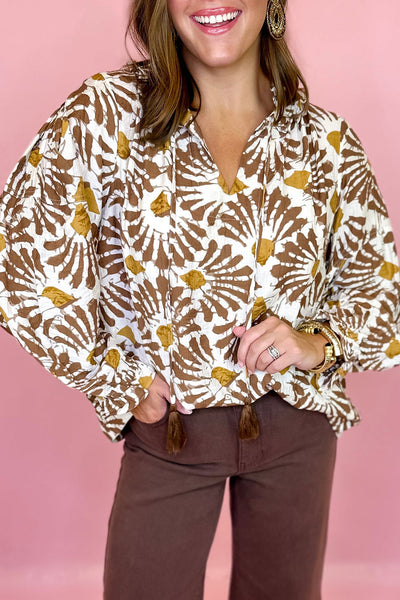 Women's Khaki Floral Print Long Sleeve Blouse with Tassel Tie Neck - Stylish and Comfortable for Every Occasion