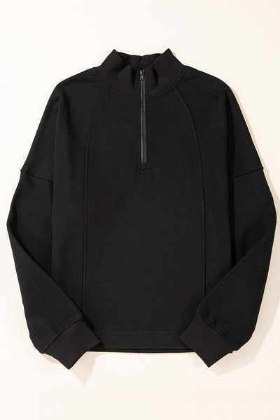 Cozy Women's Black Drop Shoulder Sweatshirt with Zipped Neck - Stylish Casual Pullover for Everyday Comfort