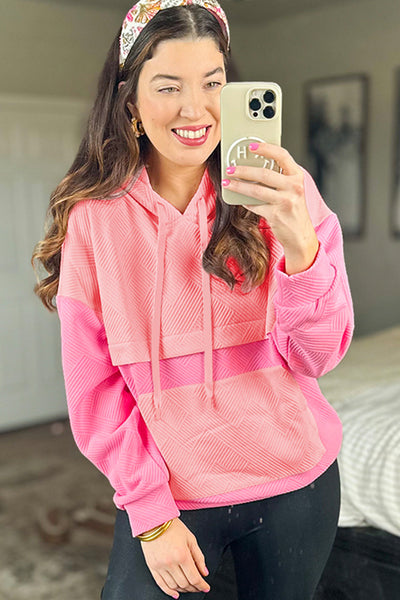 Trendy Women's Pink Color Block Drop Shoulder Hoodie with Kangaroo Pocket - Stylish, Comfortable Everyday Wear