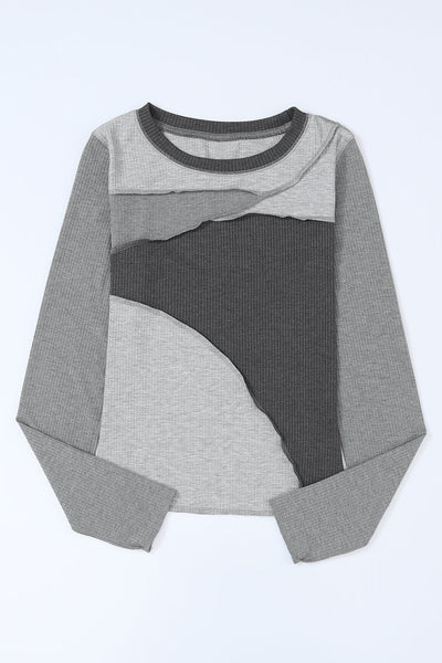 Trendy Women's Gray Color Block Ribbed Knit Top with Exposed Seams for a Comfortable and Chic Everyday Look